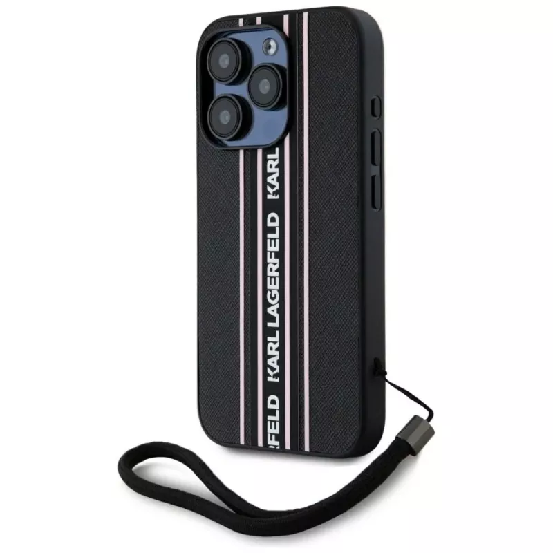 KARL LAGERFELD Capa Saffiano Athleisure Stripes Cord para iPhone 15 Pro, preto/rosa
