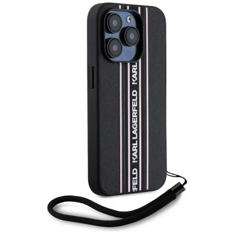 KARL LAGERFELD Capa Saffiano Athleisure Stripes Cord para iPhone 15 Pro, preto/rosa