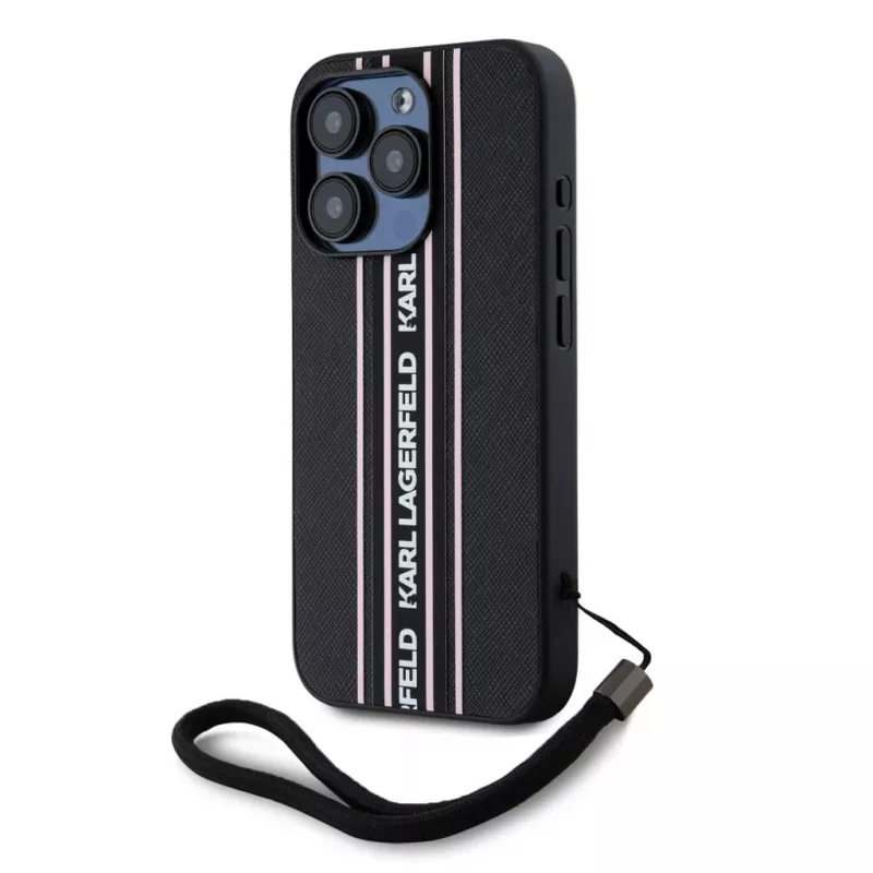 Karl Lagerfeld Capa Saffiano Athleisure Stripes Cord para iPhone 15 Pro Max preto rosa