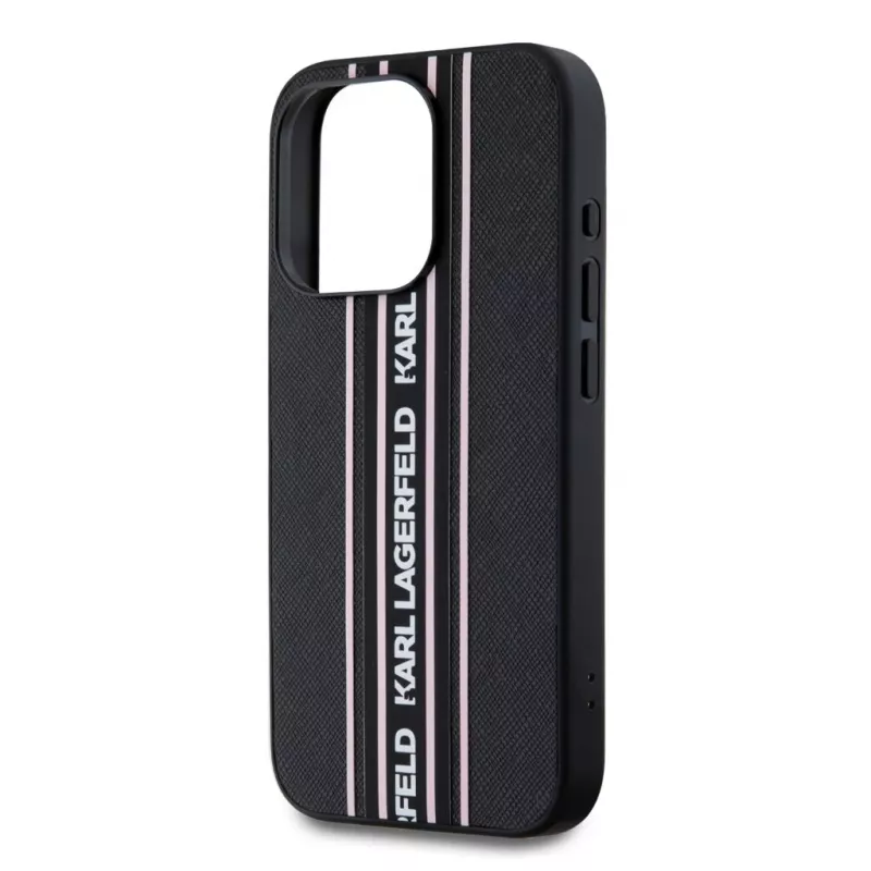 Karl Lagerfeld Capa Saffiano Athleisure Stripes Cord para iPhone 15 Pro Max preto rosa