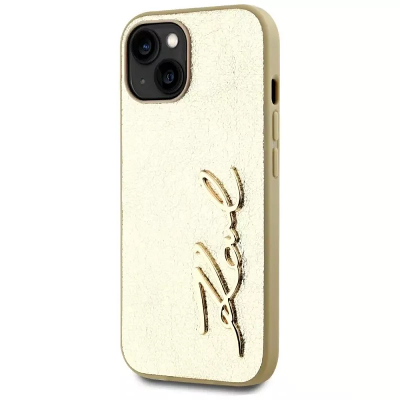 KARL LAGERFELD Capa Wrinkled Metal Signature para iPhone 15, dourado