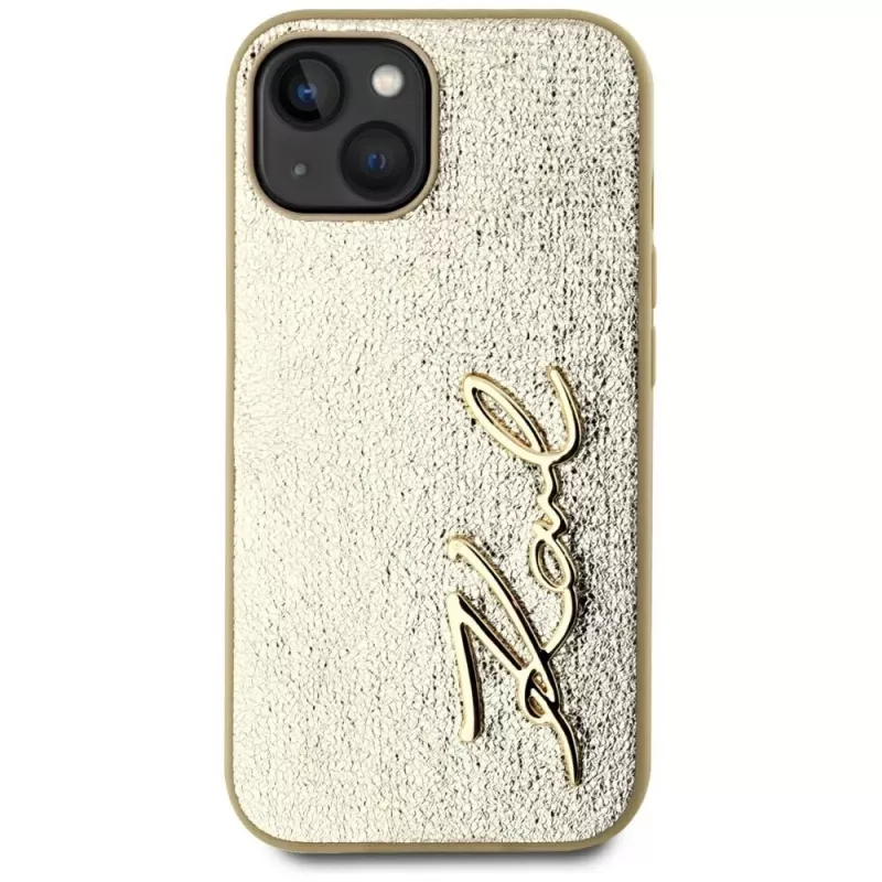 KARL LAGERFELD Capa Wrinkled Metal Signature para iPhone 15, dourado