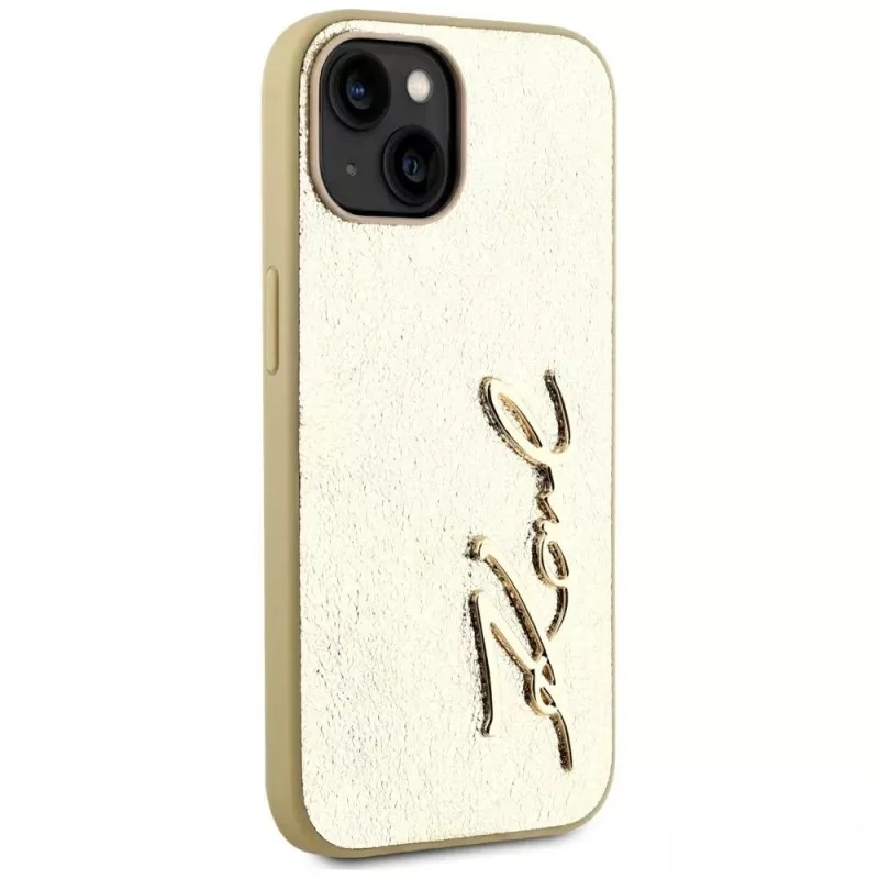 KARL LAGERFELD Capa Wrinkled Metal Signature para iPhone 15, dourado