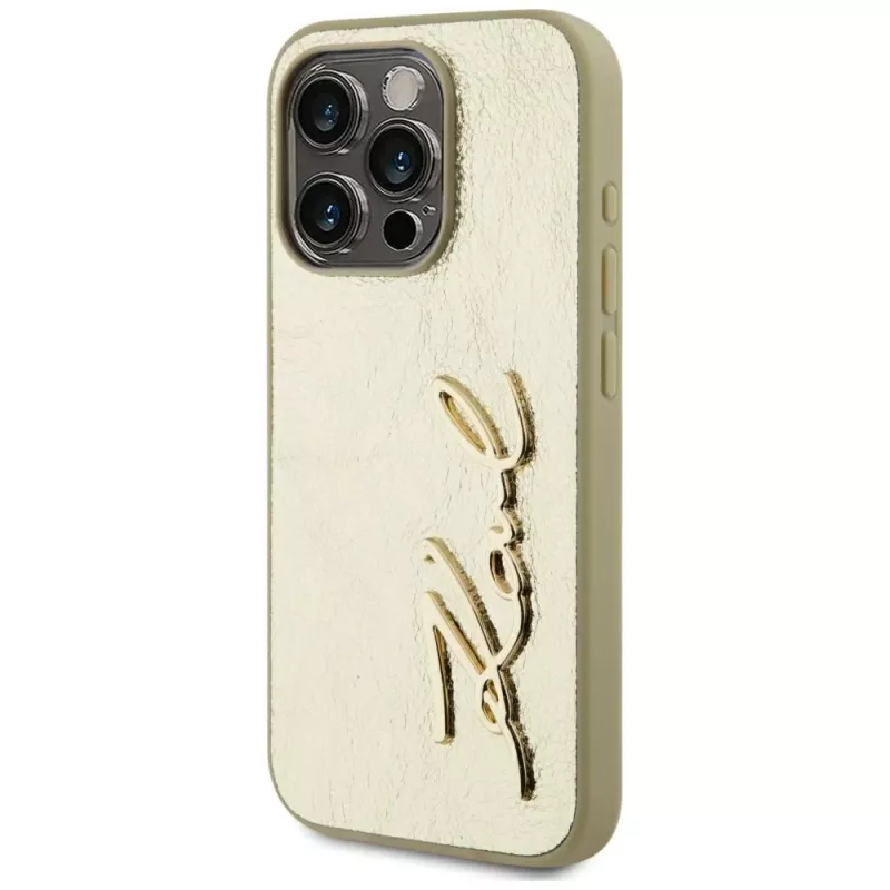 KARL LAGERFELD Capa Wrinkled Metal Signature para iPhone 15 Pro - dourado