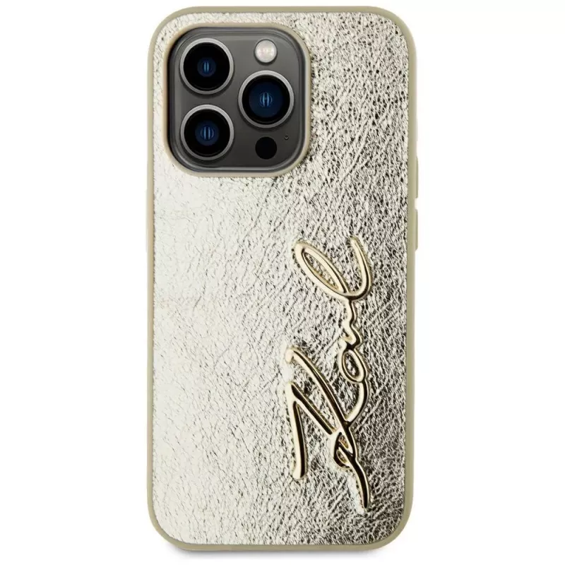 KARL LAGERFELD Capa Wrinkled Metal Signature para iPhone 15 Pro - dourado