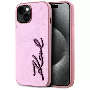KARL LAGERFELD Capa traseira Wrinkled Metal Signature para Apple iPhone 15, rosa
