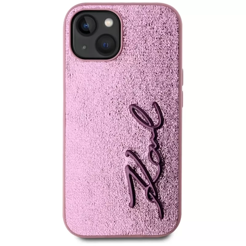 KARL LAGERFELD Capa traseira Wrinkled Metal Signature para Apple iPhone 15, rosa