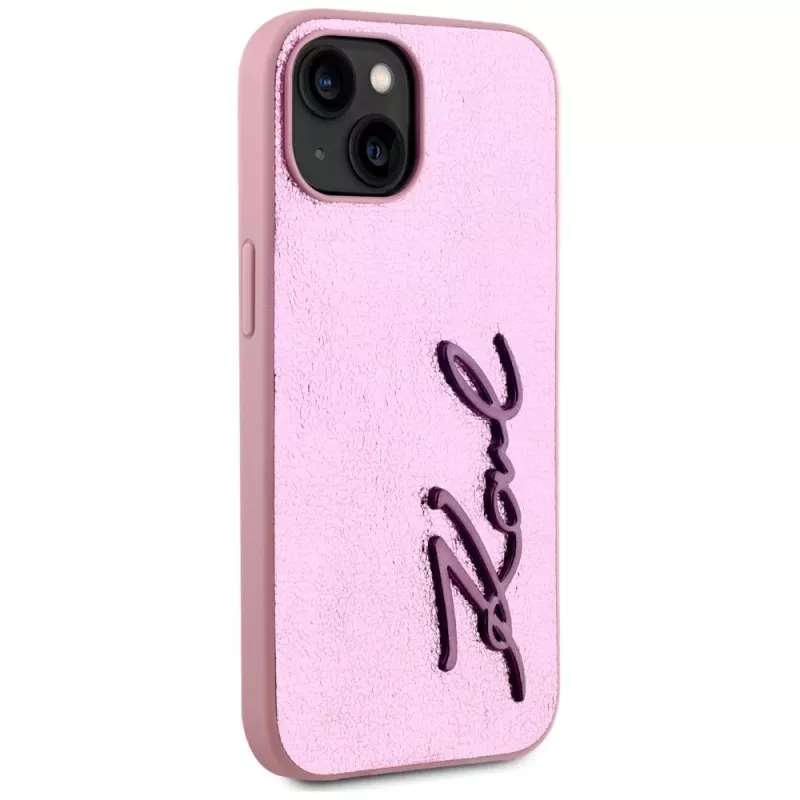 KARL LAGERFELD Capa traseira Wrinkled Metal Signature para Apple iPhone 15, rosa