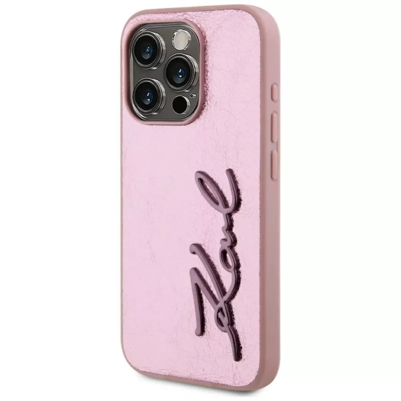 Karl Lagerfeld Capa Wrinkled Metal Signature para iPhone 15 Pro, rosa