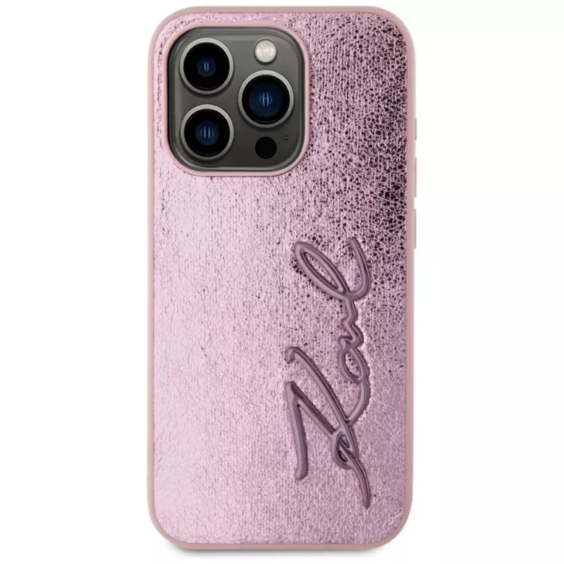 Karl Lagerfeld Capa Wrinkled Metal Signature para iPhone 15 Pro, rosa