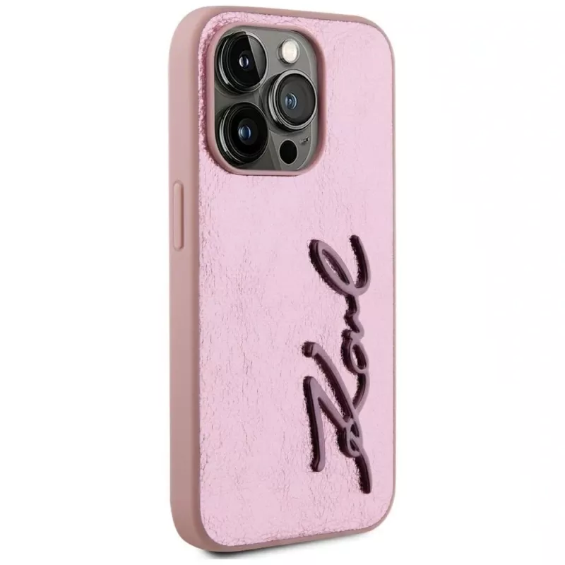 Karl Lagerfeld Capa Wrinkled Metal Signature para iPhone 15 Pro, rosa