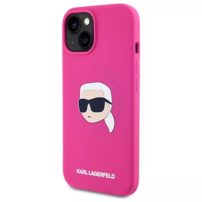 Karl Lagerfeld KLHMP15SSKHPPLF iPhone 15 6,1 inch Capa rígida silicone fúcsia com impressão cabeça Karl e MagSafe