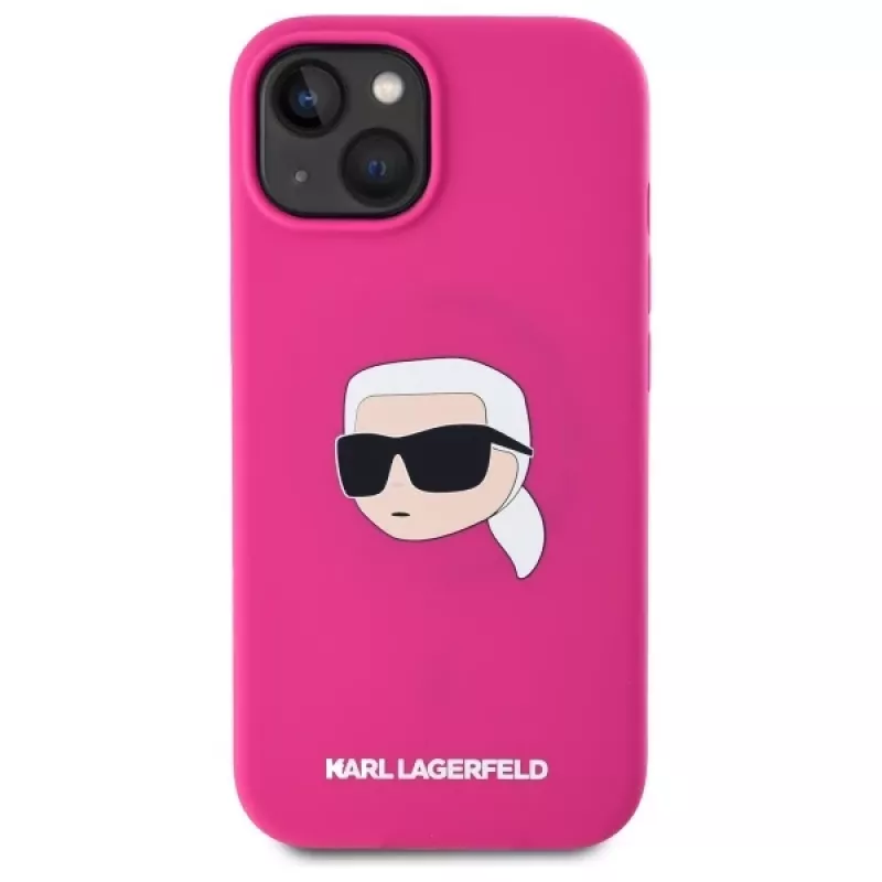 Karl Lagerfeld KLHMP15SSKHPPLF iPhone 15 6,1 inch Capa rígida silicone fúcsia com impressão cabeça Karl e MagSafe