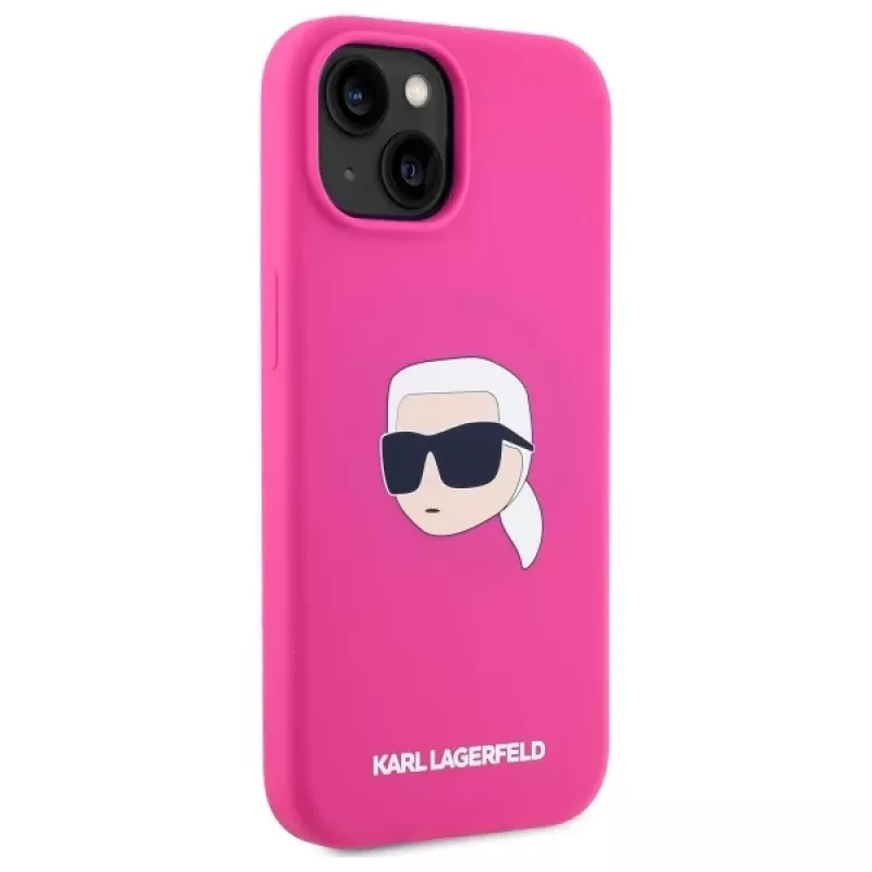 Karl Lagerfeld KLHMP15SSKHPPLF iPhone 15 6,1 inch Capa rígida silicone fúcsia com impressão cabeça Karl e MagSafe