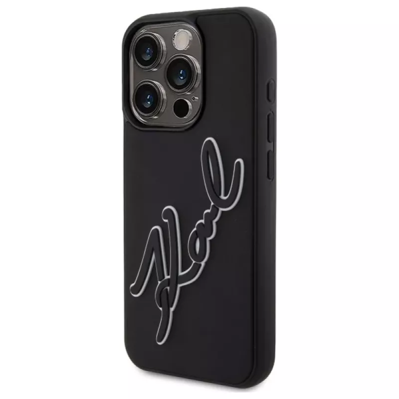 Karl Lagerfeld KLHCP15X3DRKSDLK Capa rígida para Apple iPhone 15 Pro Max 6,7 inch preta 3D borracha assinatura