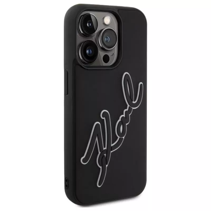 Karl Lagerfeld KLHCP15X3DRKSDLK Capa rígida para Apple iPhone 15 Pro Max 6,7 inch preta 3D borracha assinatura
