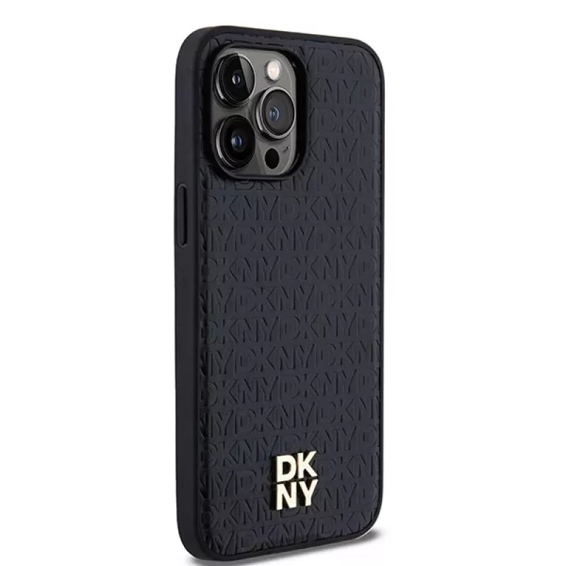 DKNY DKHMP13LPSHRPSK Capa rígida para iPhone 13 Pro / 13, preta em imitação de pele com logótipo metálico, MagSafe