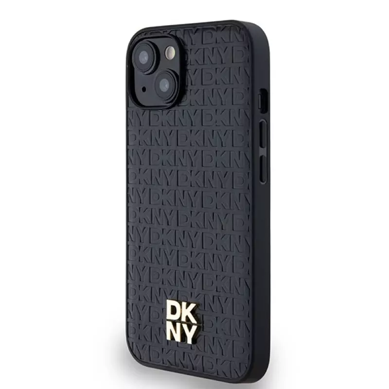 DKNY DKHMP14SPSHRPSK Capa rígida em pele com padrão monograma e logótipo metálico MagSafe para iPhone 13/14/15, preta