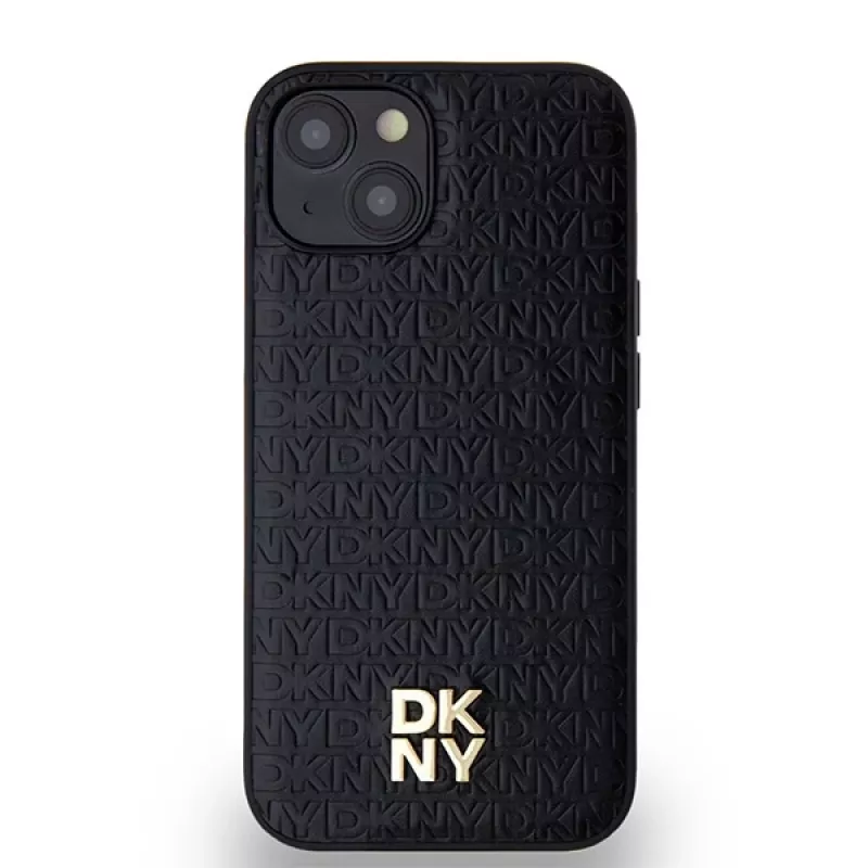 DKNY DKHMP14SPSHRPSK Capa rígida em pele com padrão monograma e logótipo metálico MagSafe para iPhone 13/14/15, preta