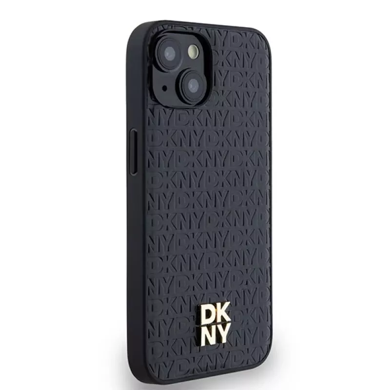 DKNY DKHMP14SPSHRPSK Capa rígida em pele com padrão monograma e logótipo metálico MagSafe para iPhone 13/14/15, preta