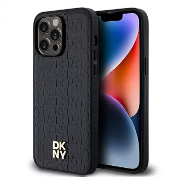 DKNY DKHMP14XPSHRPSK Capa rígida em pele com padrão monograma e logótipo metálico MagSafe para iPhone 14 Pro Max 6,7 inch preta