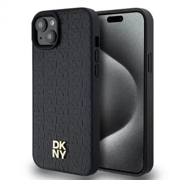 DKNY DKHMP15MPSHRPSK Capa rígida em pele com padrão monograma e logótipo metálico MagSafe para iPhone 15 Plus / 14 Plus 6,7