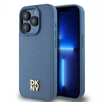 DKNY DKHMP15LPSHRPSB Capa rígida para iPhone 15 Pro 6,1 inch azul em pele com padrão monograma e logótipo metálico MagSafe