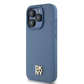 DKNY DKHMP15LPSHRPSB Capa rígida para iPhone 15 Pro 6,1 inch azul em pele com padrão monograma e logótipo metálico MagSafe