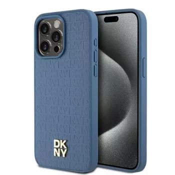 DKNY DKHMP15XPSHRPSB Capa rígida em pele com padrão monograma e logótipo metálico MagSafe para iPhone 15 Pro Max 6,7 inch azul
