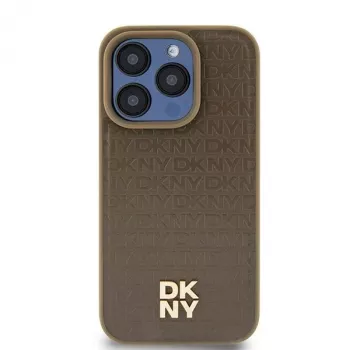 DKNY DKHMP14SPSHRPSW Capa rígida para iPhone 14/15/13, design em pele castanha com logótipo metálico, MagSafe