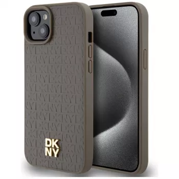 DKNY DKHMP15MPSHRPSW Capa rígida em imitação de pele com logótipo metálico, MagSafe para iPhone 15 Plus / 14 Plus 6,7