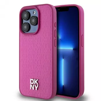DKNY DKHMP15LPSHRPSP Capa rígida em pele rosa com padrão monograma e logótipo metálico, compatível com MagSafe, para iPhone 15 Pro 6,1