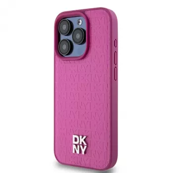 DKNY DKHMP15LPSHRPSP Capa rígida em pele rosa com padrão monograma e logótipo metálico, compatível com MagSafe, para iPhone 15 Pro 6,1
