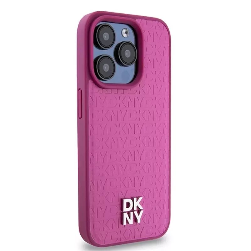 DKNY DKHMP15LPSHRPSP Capa rígida em pele rosa com padrão monograma e logótipo metálico, compatível com MagSafe, para iPhone 15 Pro 6,1
