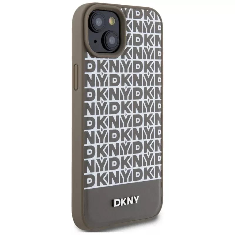DKNY DKHMP15SPSOSPW Capa rígida em pele com padrão impresso e logótipo metálico MagSafe para iPhone 15 / 14 / 13 6,1