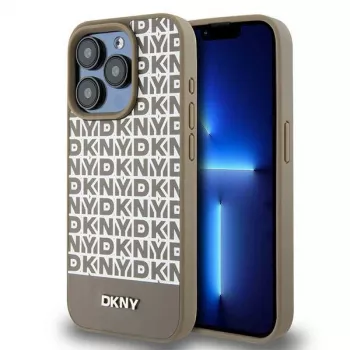 DKNY DKHMP15LPSOSPW Capa rígida em pele com padrão impresso e logótipo metálico MagSafe para iPhone 15 Pro 6,1 inch castanha