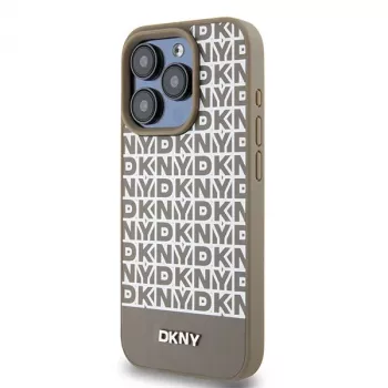 DKNY DKHMP15LPSOSPW Capa rígida em pele com padrão impresso e logótipo metálico MagSafe para iPhone 15 Pro 6,1 inch castanha
