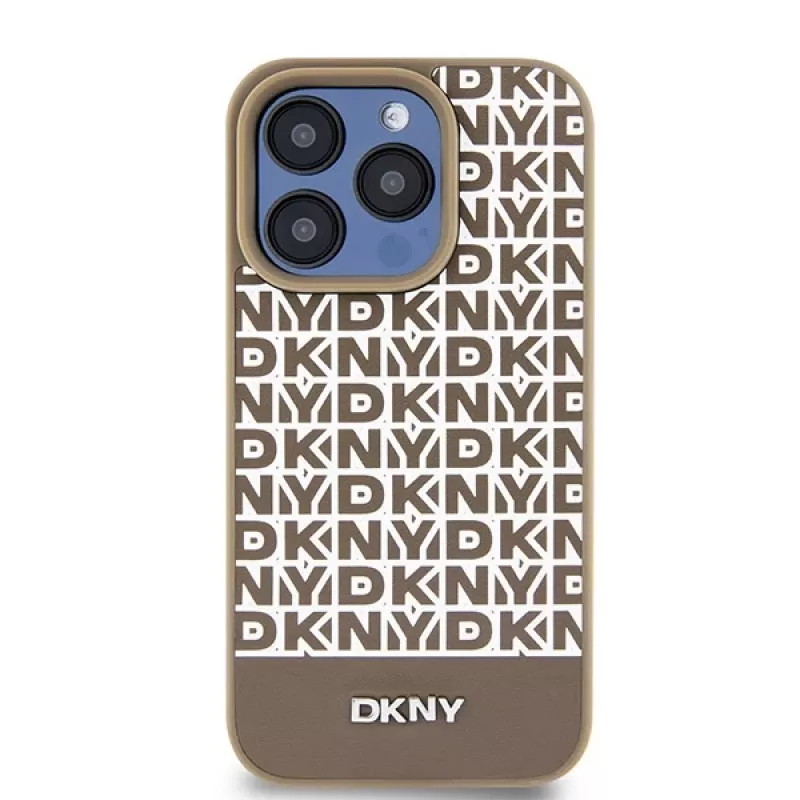 DKNY DKHMP15LPSOSPW Capa rígida em pele com padrão impresso e logótipo metálico MagSafe para iPhone 15 Pro 6,1