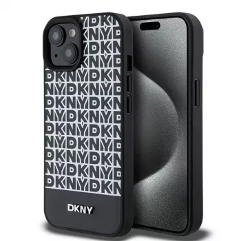 DKNY DKHMP15SPSOSPK Capa rígida para Apple iPhone 15 / 14 / 13 6,1 inch preta em pele com padrão impresso e logótipo metálico MagSafe