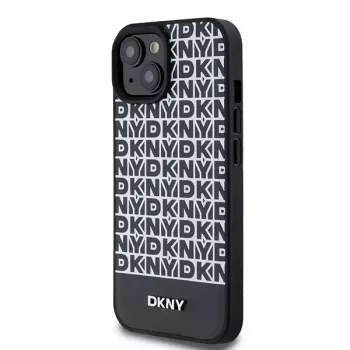 DKNY DKHMP15SPSOSPK Capa rígida para Apple iPhone 15 / 14 / 13 6,1 inch preta em pele com padrão impresso e logótipo metálico MagSafe