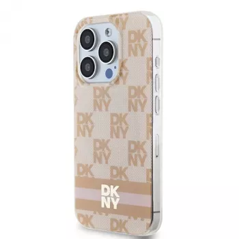 DKNY DKHMP15XHCPTSP Capa rígida para Apple iPhone 15 Pro Max, rosa Checkered Mono Pattern & Printed Stripes, compatível com MagSafe