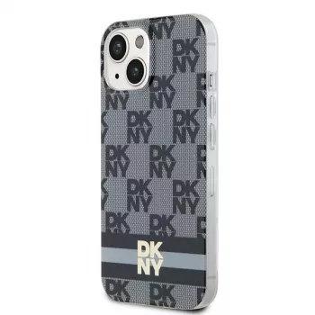 DKNY DKHMP14SHCPTSK Capa rígida para iPhone 14/15, padrão xadrez mono & riscas impressas, preto, MagSafe