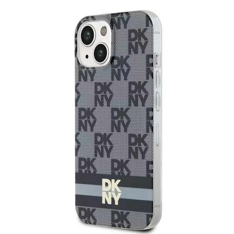 DKNY DKHMP14SHCPTSK Capa rígida para iPhone 14/15, padrão xadrez mono & riscas impressas, preto, MagSafe