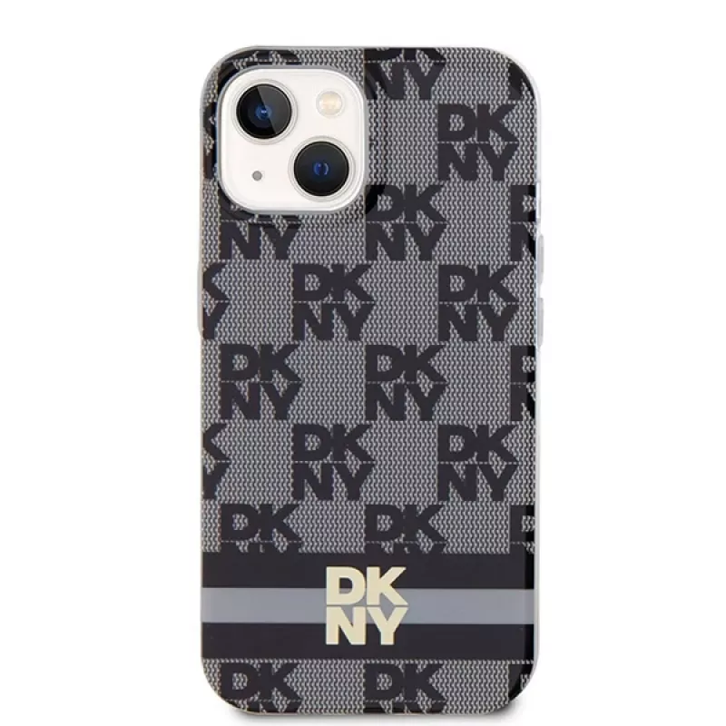 DKNY DKHMP14SHCPTSK Capa rígida para iPhone 14/15, padrão xadrez mono & riscas impressas, preto, MagSafe