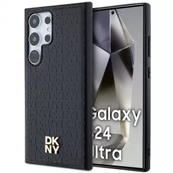 DKNY DKHMS24LPSHRPSK Capa rígida para Samsung Galaxy S24 Ultra, design em pele preto com logótipo metálico, compatível com MagSafe