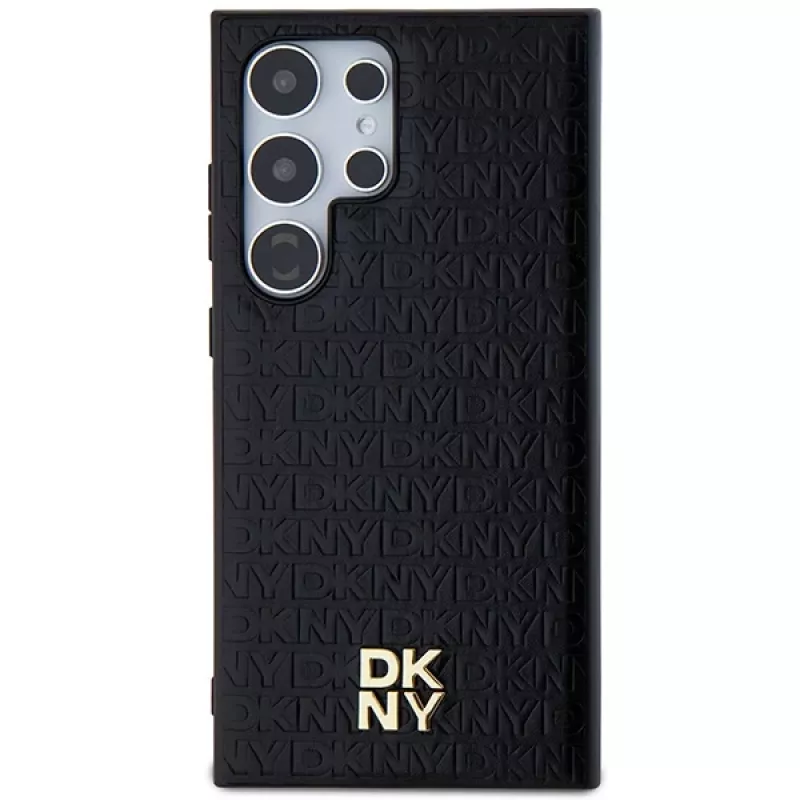 DKNY DKHMS24LPSHRPSK Capa rígida para Samsung Galaxy S24 Ultra, design em pele preto com logótipo metálico, compatível com MagSafe