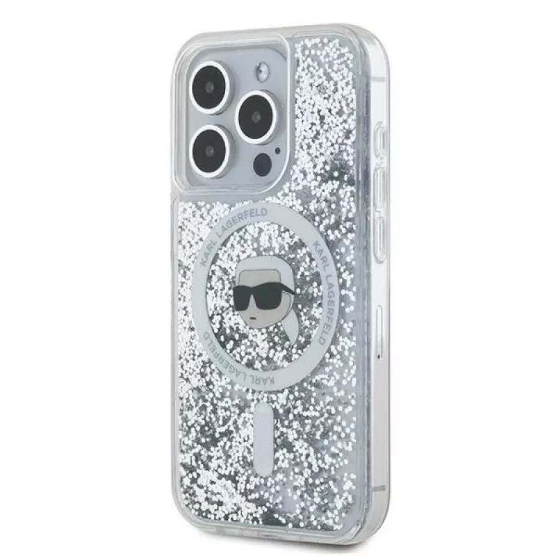Karl Lagerfeld KLHMP15LLGKISGH Capa rígida Liquid Glitter Karl Head MagSafe transparente para iPhone 15 Pro 6,1