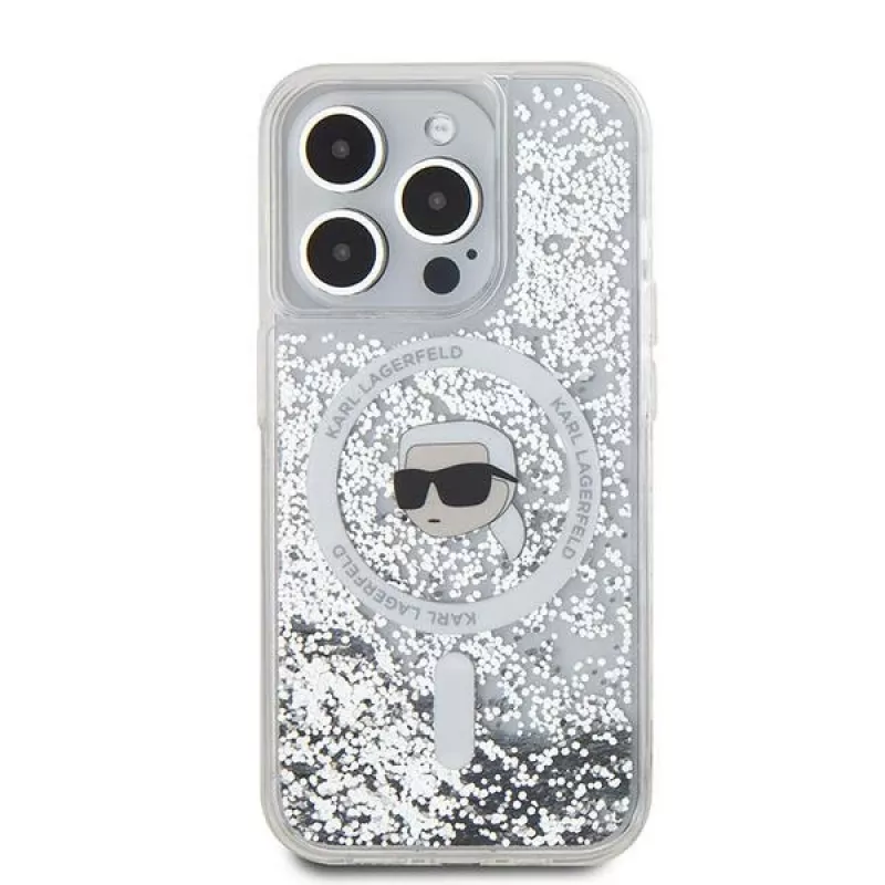Karl Lagerfeld KLHMP15XLGKISGH Capa rígida Liquid Glitter Karl Head MagSafe transparente para iPhone 15 Pro Max 6,7