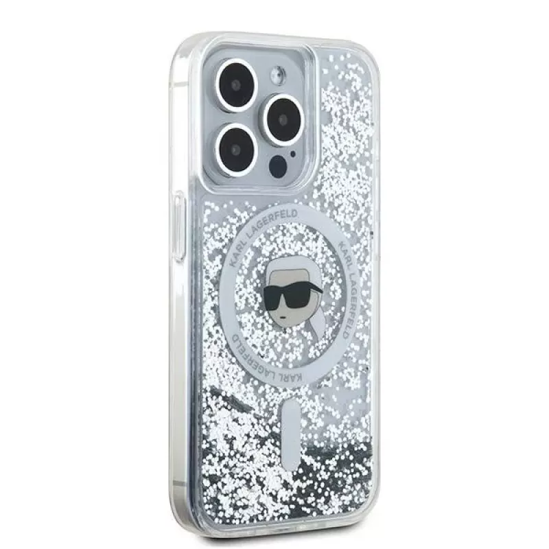 Karl Lagerfeld KLHMP15XLGKISGH Capa rígida Liquid Glitter Karl Head MagSafe transparente para iPhone 15 Pro Max 6,7