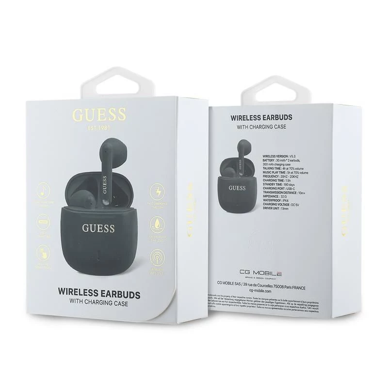 Guess GUTWSJ14ESGKTWS Auscultadores True Wireless Bluetooth 5.3 In-Ear com estojo de carregamento, preto, Classic Logo Print